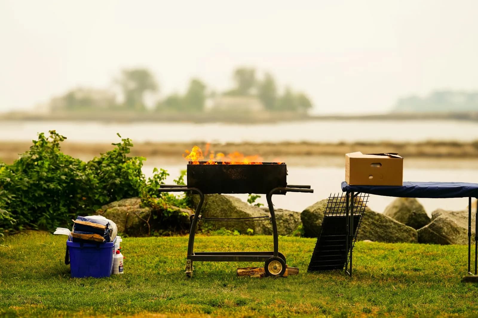 Barbacoa de carbón encendida junto al mar, en un entorno costero