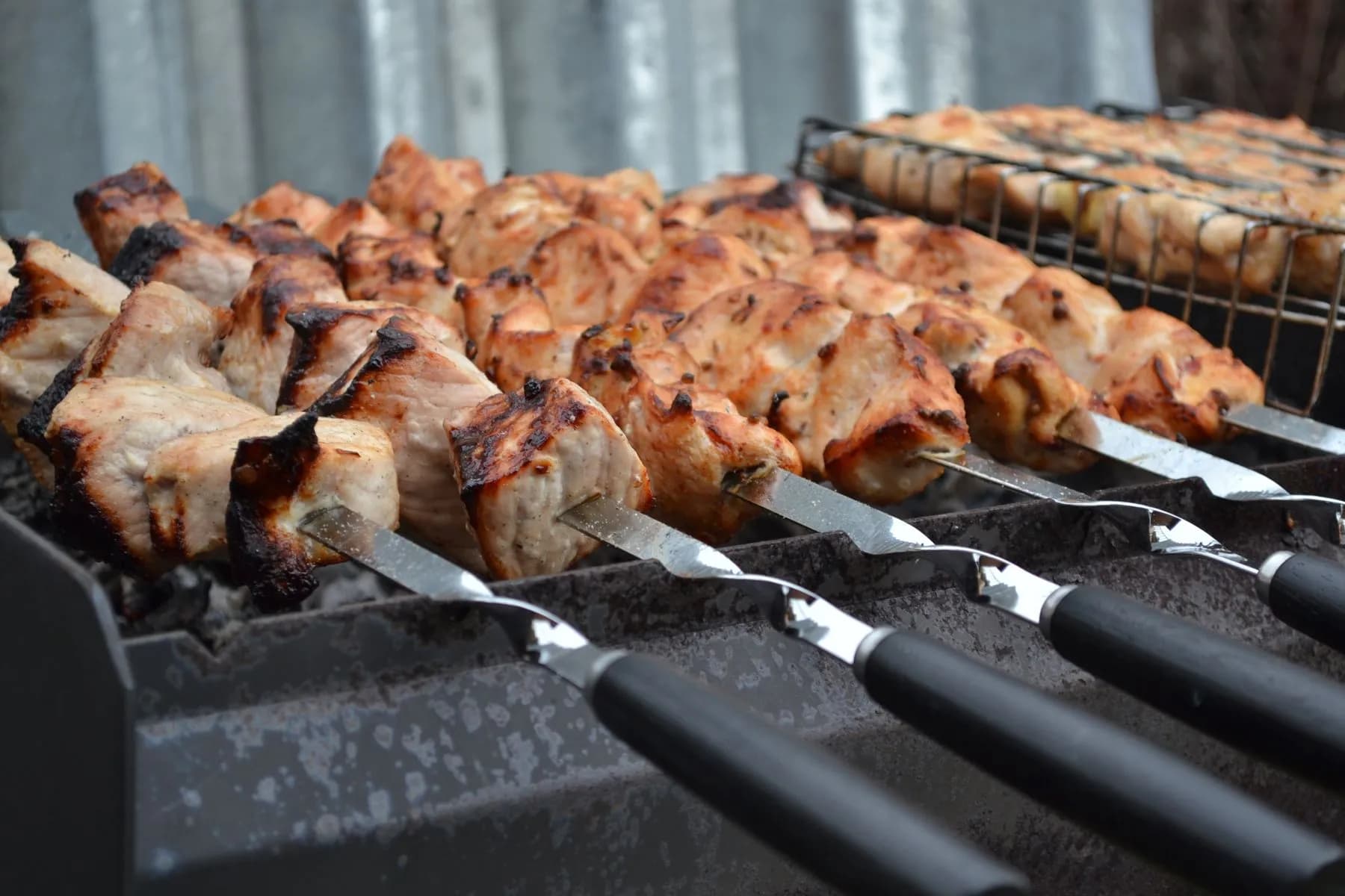 Brochetas de cuello de cerdo doradas sobre pinchos metálicos, asándose sobre las brasas
