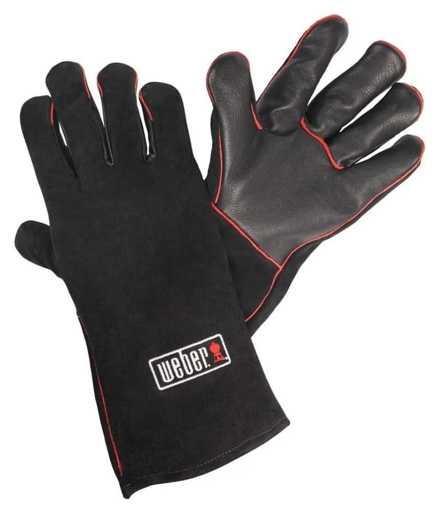 Weber 17896 guantes de barbacoa de piel premium resistentes al calor, negros con costuras rojas (vista 1)