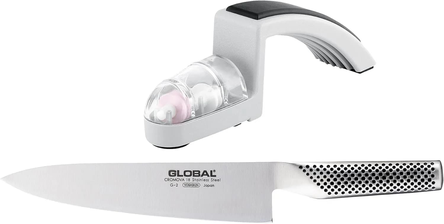 Global G-2 Cuchillo Chef 20 cm + Afilador MinoSharp (Set)